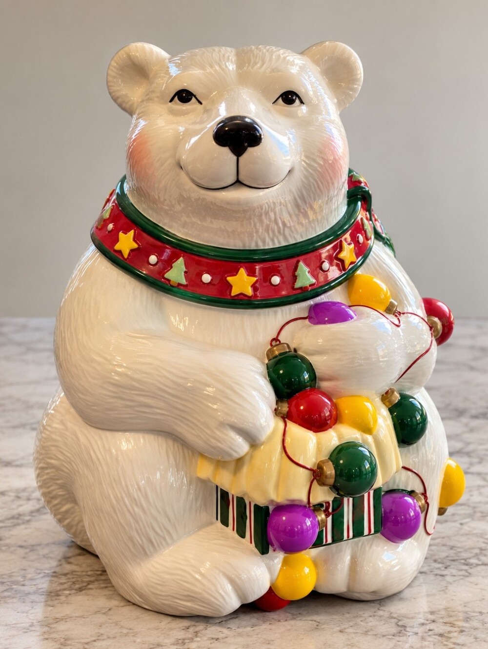 JCPenney Polar Bear Christmas Lights Ceramic Cookie Jar Holiday Decor